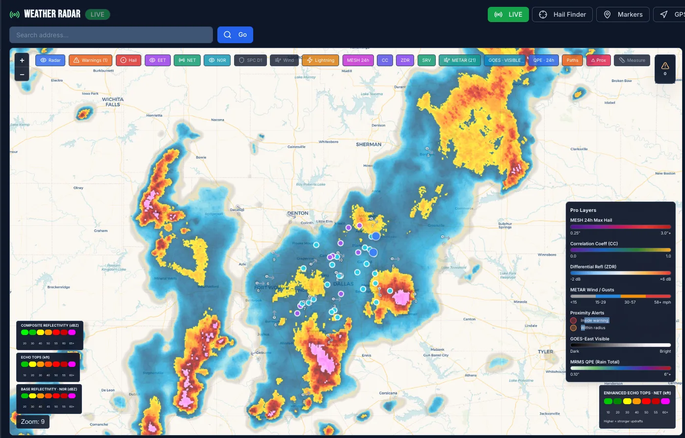 AppraixOS live weather radar with active appraisals and umpire jobs plotted over the storm cells