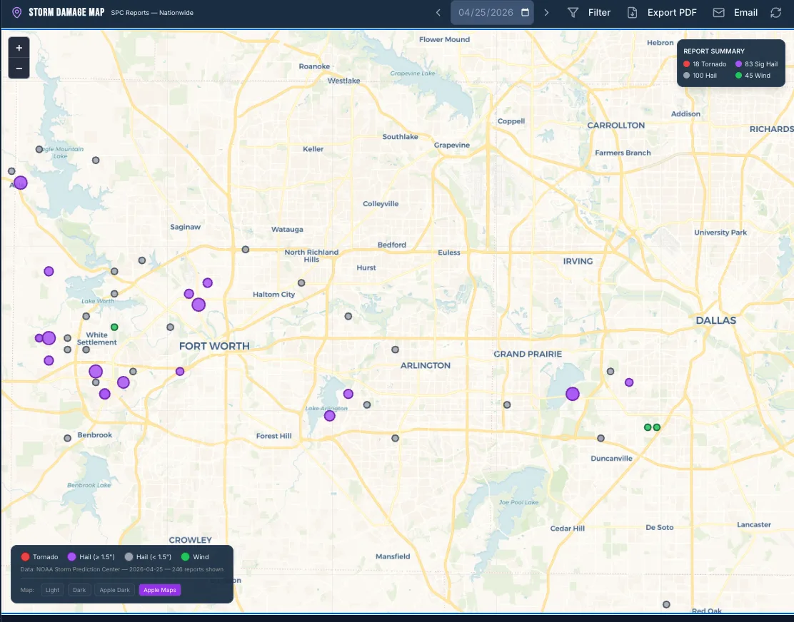 AppraixOS Storm Damage Map showing nationwide NOAA SPC tornado, hail, and wind reports for a selected date