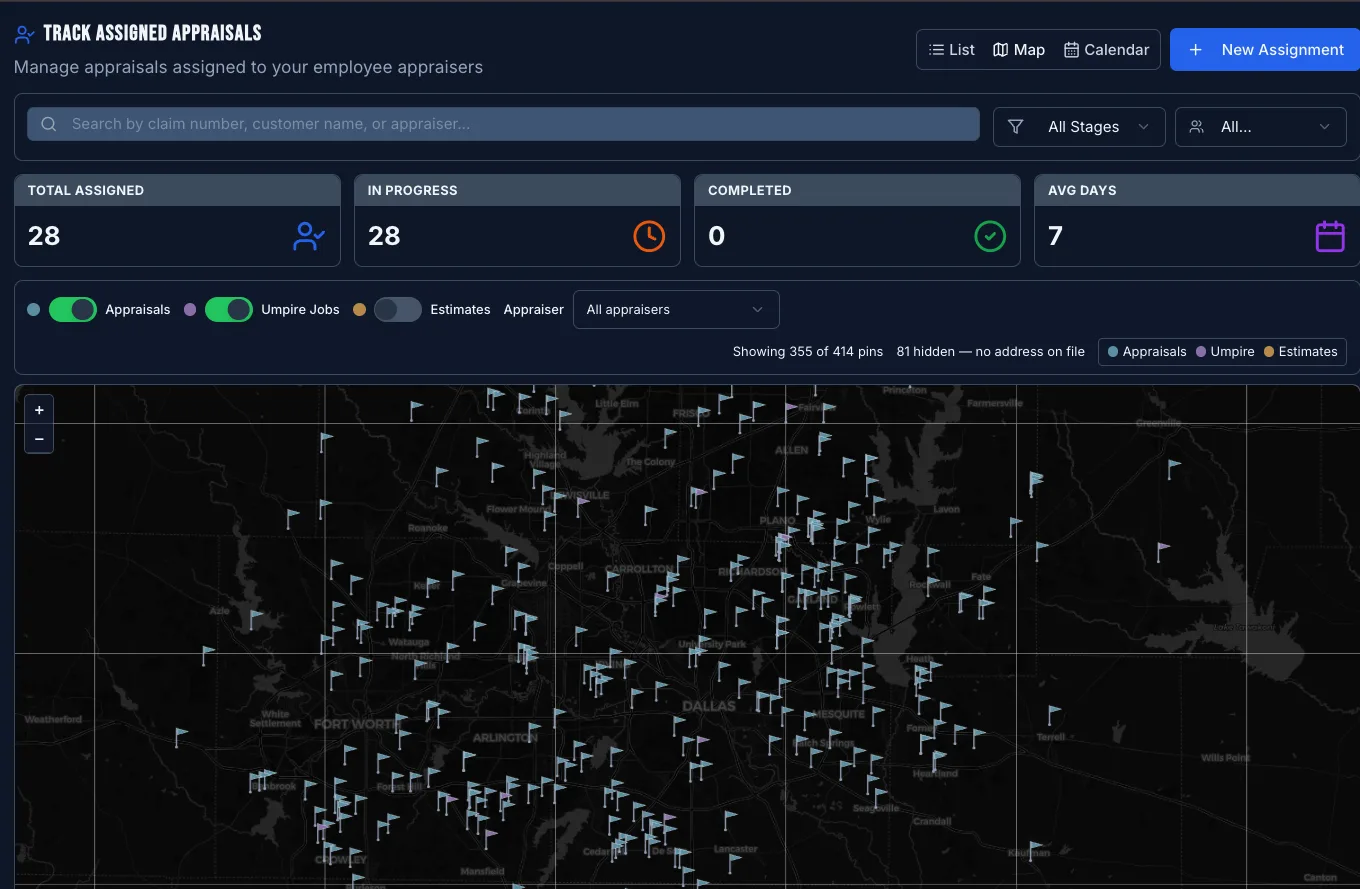 AppraixOS Track Assigned Appraisals view: every appraisal, umpire job, and estimate plotted on a map with per-appraiser filtering and assignment KPI tiles