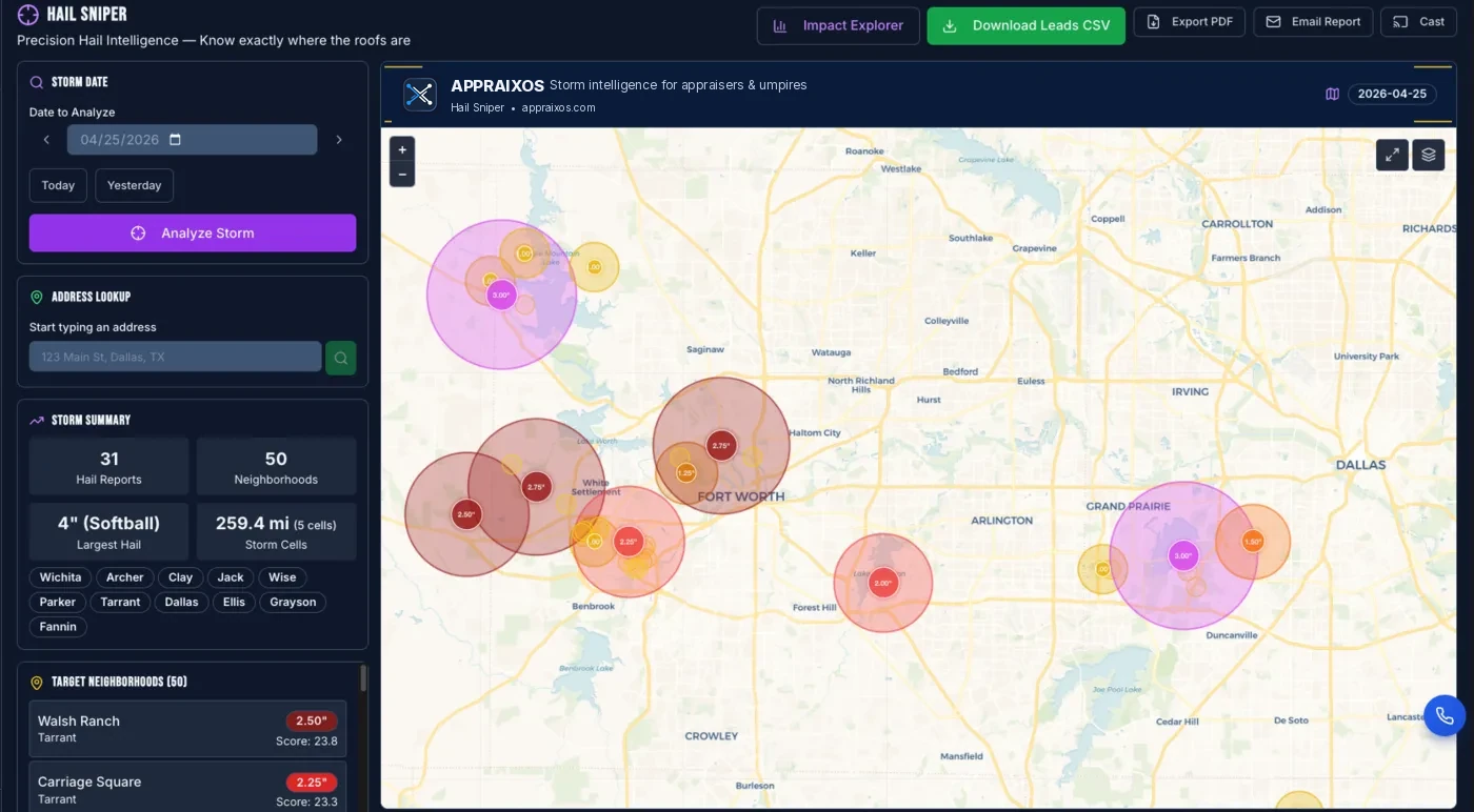 AppraixOS Hail Sniper scoring target neighborhoods inside a hail swath, ready to export as a leads list