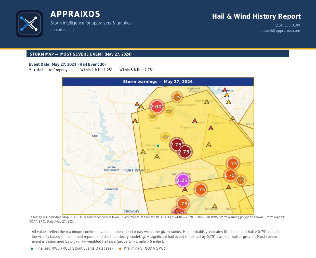 Storm Map page from the AppraixOS Hail and Wind History Report showing the most severe event date with NOAA storm-warning polygons and confirmed hail-report markers around the property