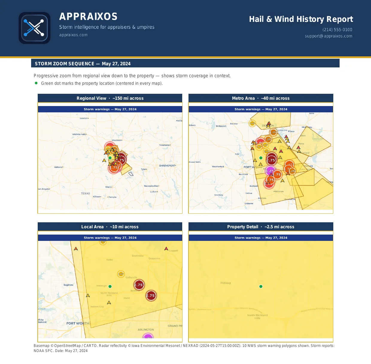 Storm Zoom Sequence page from the AppraixOS Hail and Wind History Report with four maps zooming from a regional view down to the property, each centered on the property location